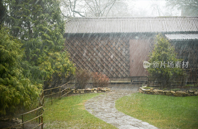 花园里下着暴雨