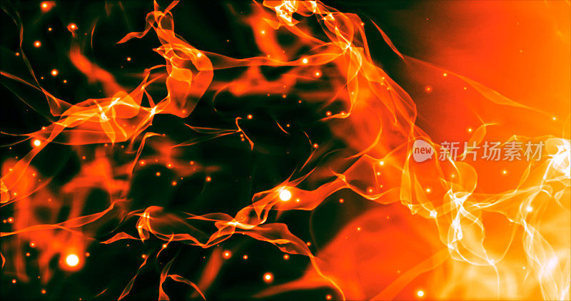橙色的烟雾和红色的火焰在波浪和飞行粒子中飞行，明亮发光的火花具有模糊效果。抽象的背景