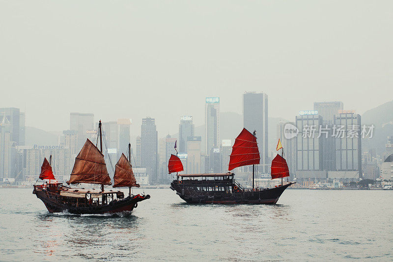 在香港维多利亚岛的港口背景上，传统的红帆帆船