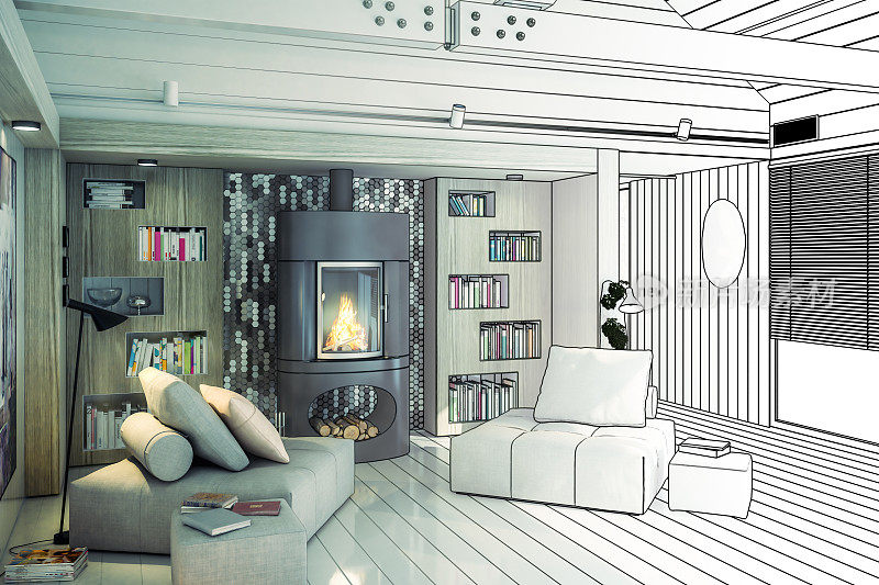 沙发设置在壁炉内的别墅(草案)-三维可视化