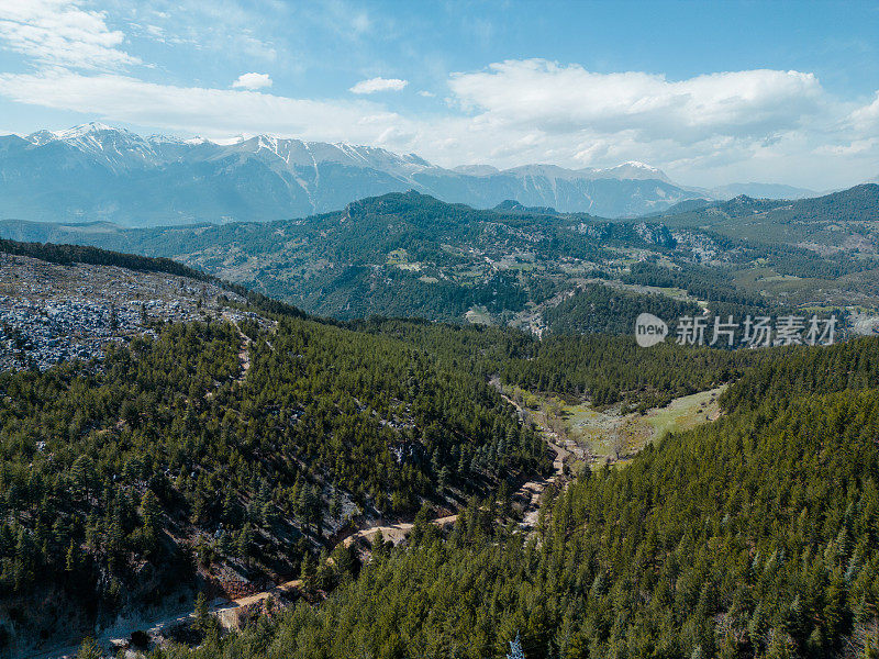 空中山景，山谷，土路，雪山