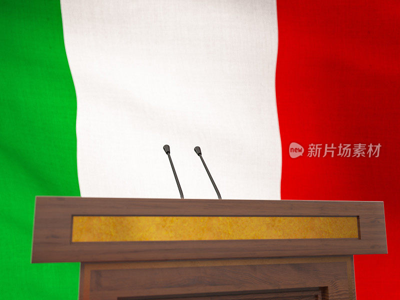 意大利议会概念:一排意大利国旗和一面空木墙。记者招待会在政府大楼举行