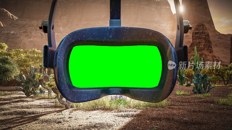 沙漠中带有绿色屏幕的虚拟现实耳机的3d图像