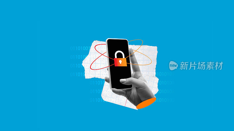 人类手持手机与挂锁在屏幕上和二进制代码。密码管理应用程序界面演示安全锁定功能。