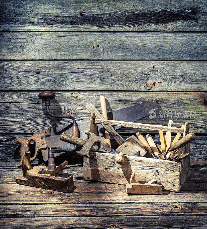 木盒子里的旧木匠工具