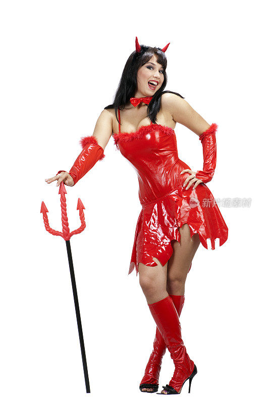 性感的红色女魔鬼站在三叉戟。
