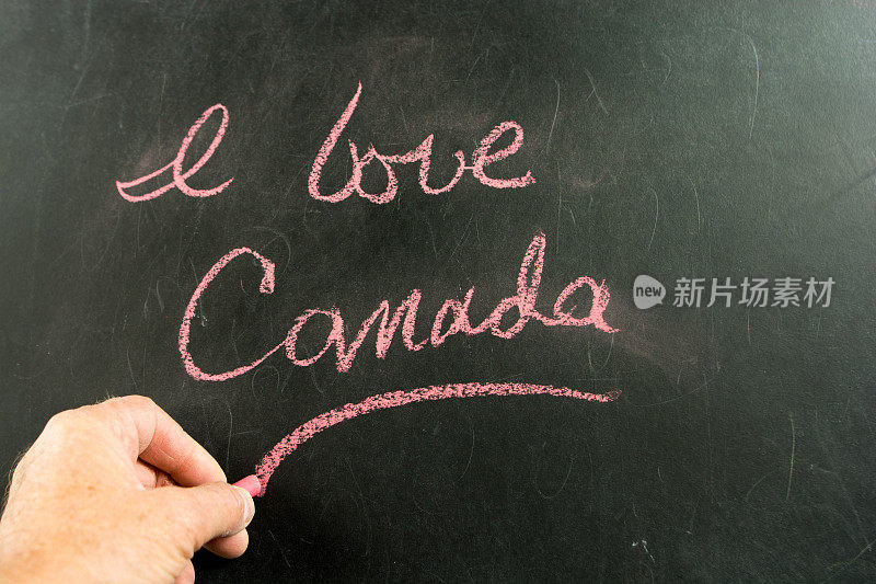 在黑板上写字――我爱加拿大。