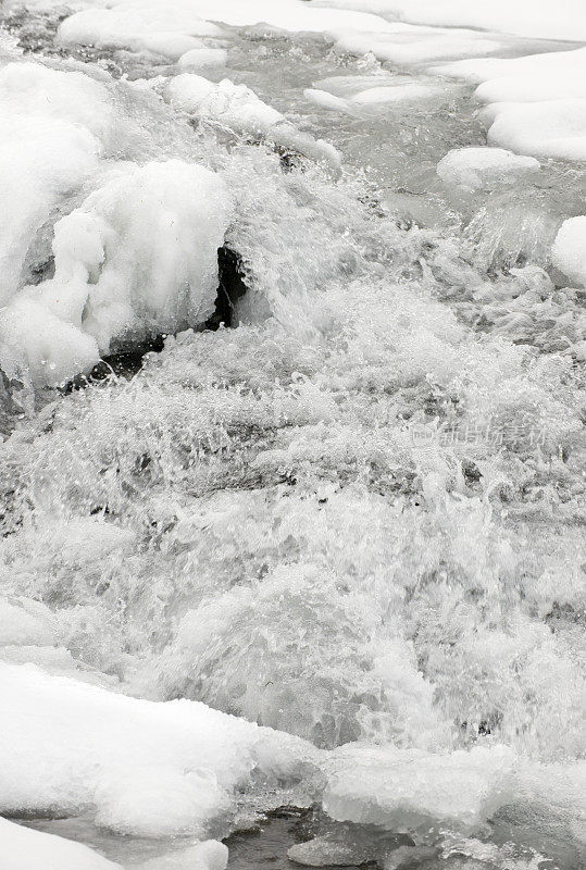 冬天的瀑布里有雪、冰和凉水