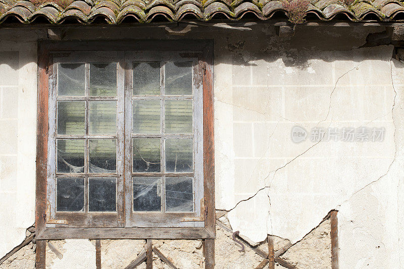 玻璃破碎的窗户，破败的土坯房。