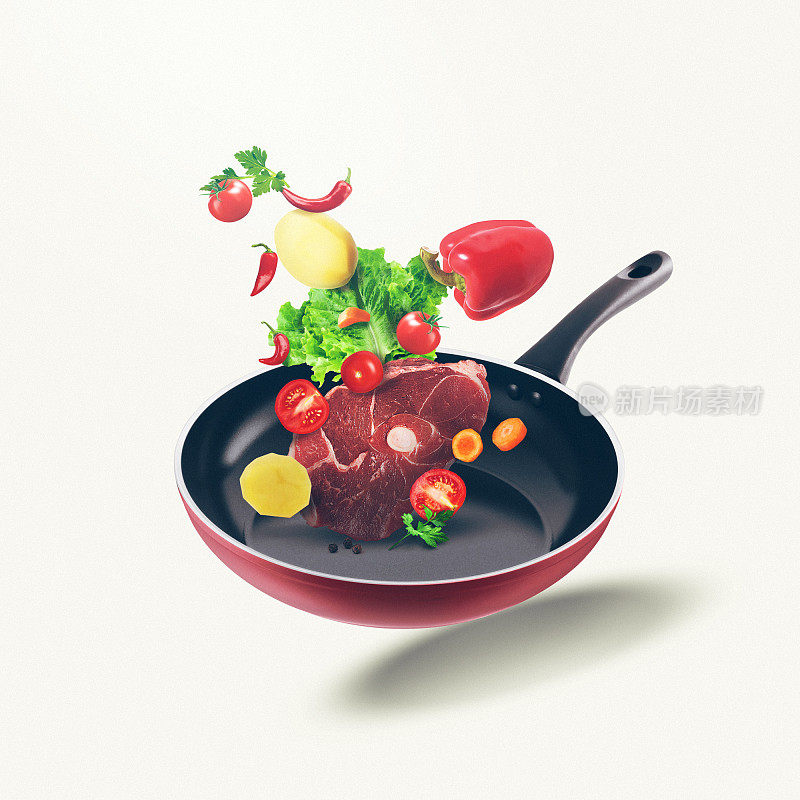 在煎锅上飞行有机食物和新鲜的肉。食物插图不同的蔬菜和鲜肉在孤立的白色背景