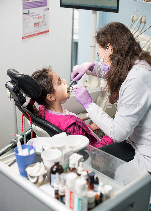 女医生正在牙科诊所治疗病人女孩的牙齿。牙科、医学、口腔科和保健概念。牙科设备