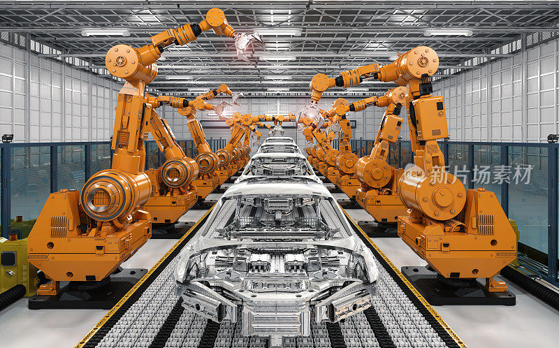 汽车工厂的机器人装配线
