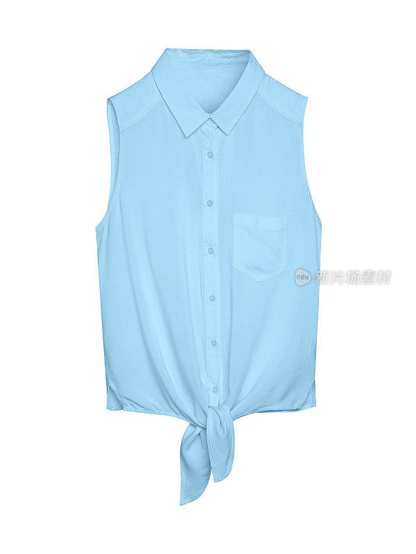 淡蓝淡雅的夏季女子无袖衬衫衬衫配领口，纽扣和领带孤立白色