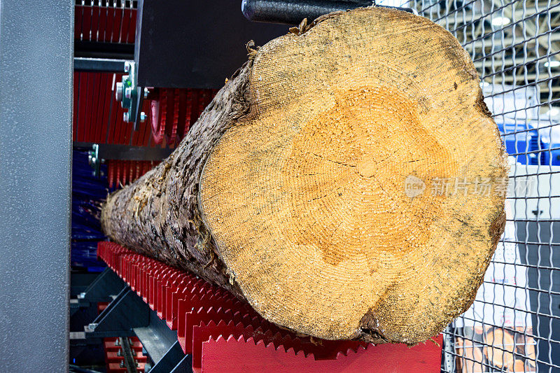 一根大圆木躺在锯木厂的厢房上