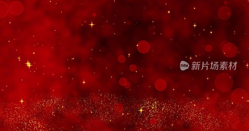 红色的五彩纸屑，雪花和散景灯在红色的圣诞快乐的背景。神奇的新年快乐纹理。三维渲染