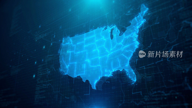 美国地图与州在蓝色数字背景