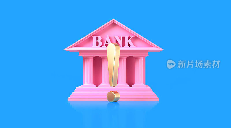粉红色银行对象和金色感叹号坐在蓝色背景