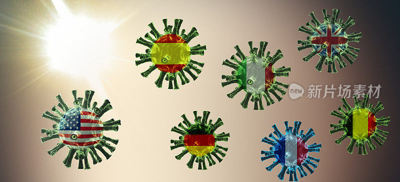 国旗上的新冠肺炎、冠状病毒、病毒与阳光背景