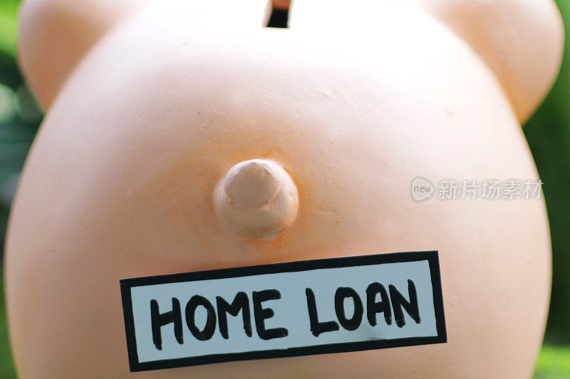 特写图像的小猪银行尾部与家庭贷款标签，插槽顶部，家庭财务和储蓄概念