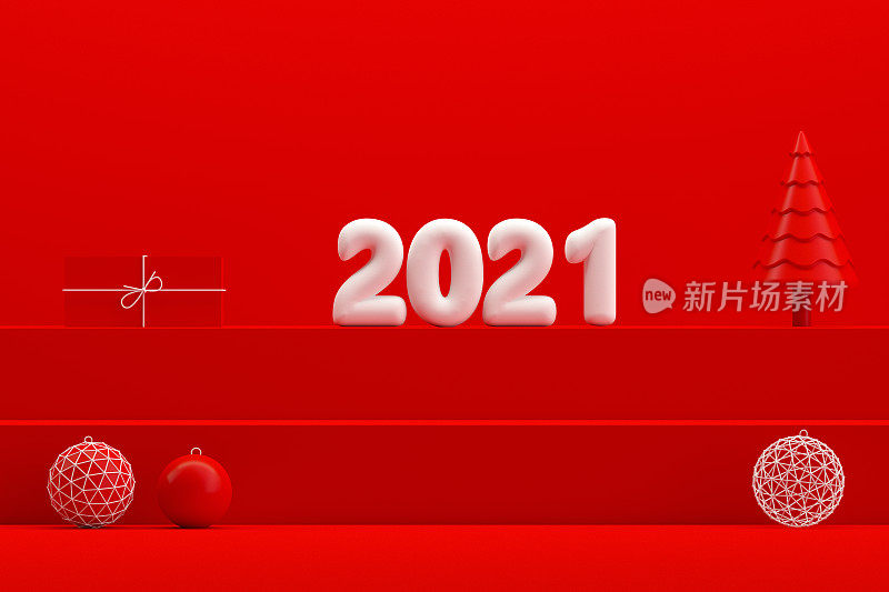 圣诞2021新年概念，红色背景，楼梯站讲台