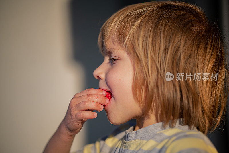 特写可爱的小男孩吃草莓