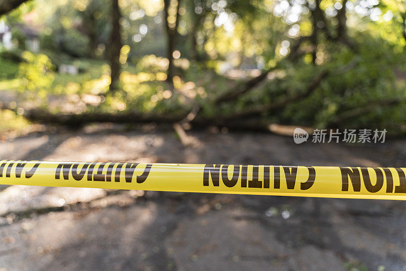 警察设置的路障标志着这条路在郊区因为危险的大风而被封闭。一场风暴过后，一棵倒下的树挡住了新泽西州一个小镇的街道。