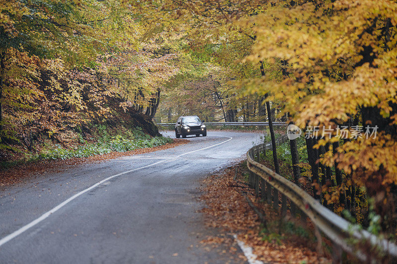 在乡村公路上行驶的汽车。