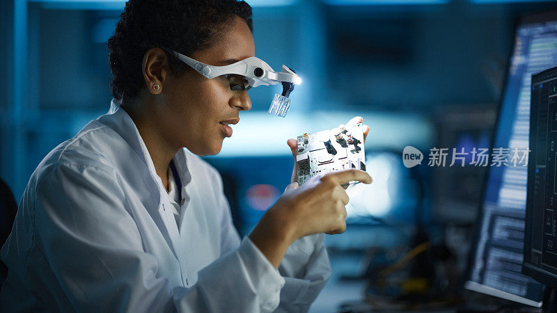 现代电子研究，发展设施:戴着高科技眼镜的黑人女工程师检查印刷电路板主板。设计硅芯片和半导体的科学家