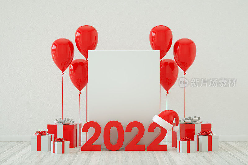 2022年新年，空框架，气球，圣诞背景