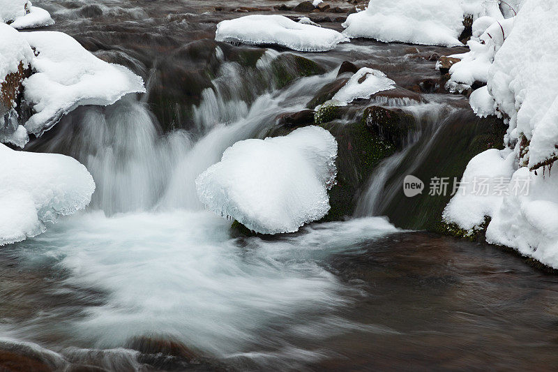 冬季高山瀑布雪景。雪山瀑布景观。冬季的山瀑布在Shipot瀑布-喀尔巴阡山脉，乌克兰。