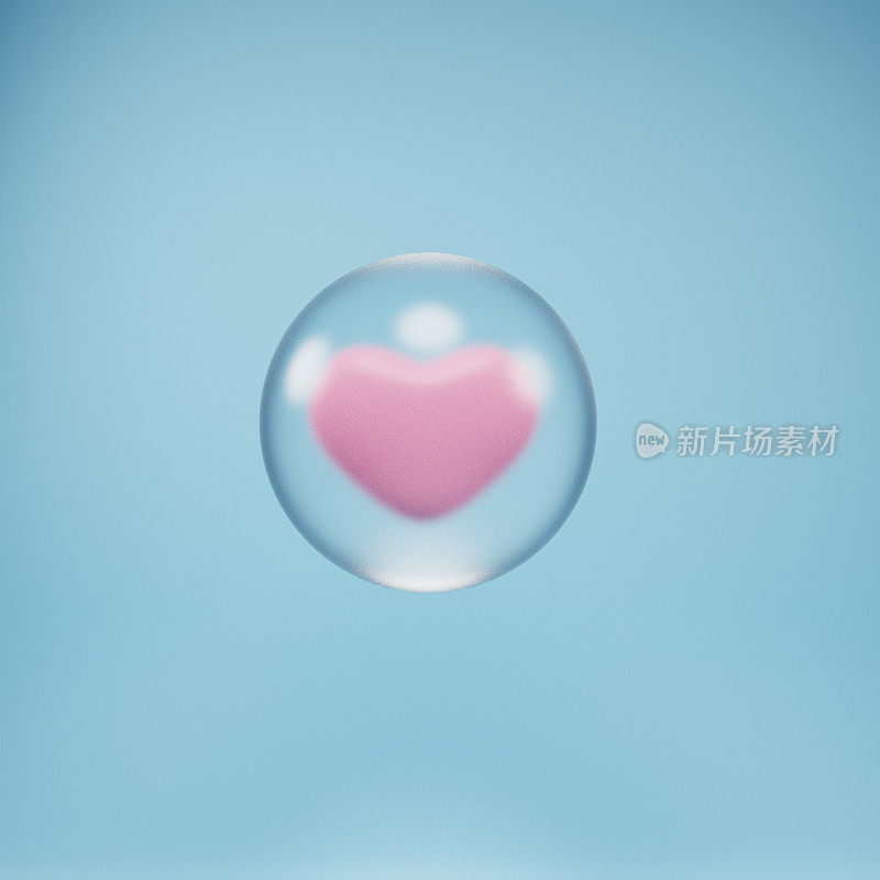 粉红色的心被隔离在玻璃气泡中，淡蓝色的背景