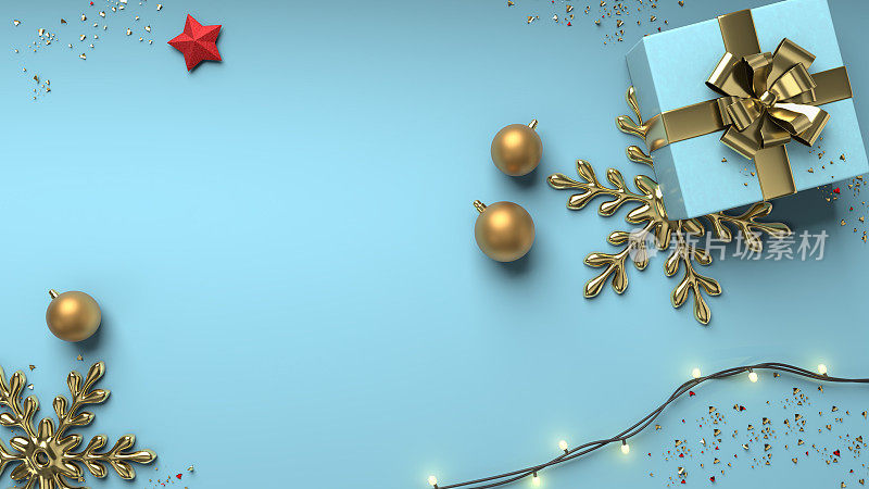 水平圣诞布局与礼盒，圣诞钟声，星星，发光的灯和金色雪花横跨浅蓝色背景。您的内容有复制空间。圣诞横幅。