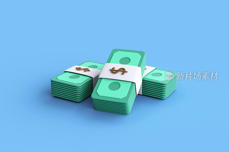 蓝色背景上捆绑现金的3D渲染。省钱,无现金。
