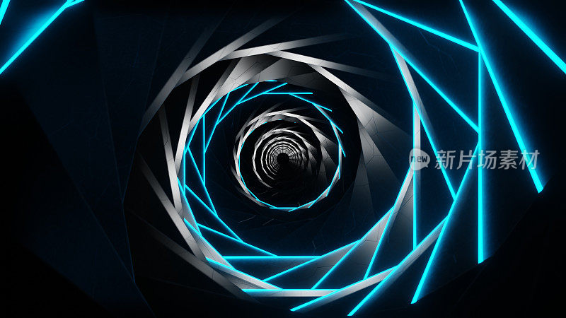 3D科幻隧道与抽象的螺旋设计在黑暗的背景。