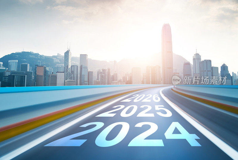 编号为2024、2025和2026的香港天际线和模糊运动道路