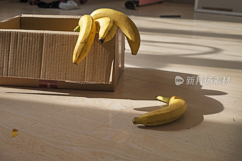 在阳光的照射下，装着香蕉的手工盒子。flatlay
