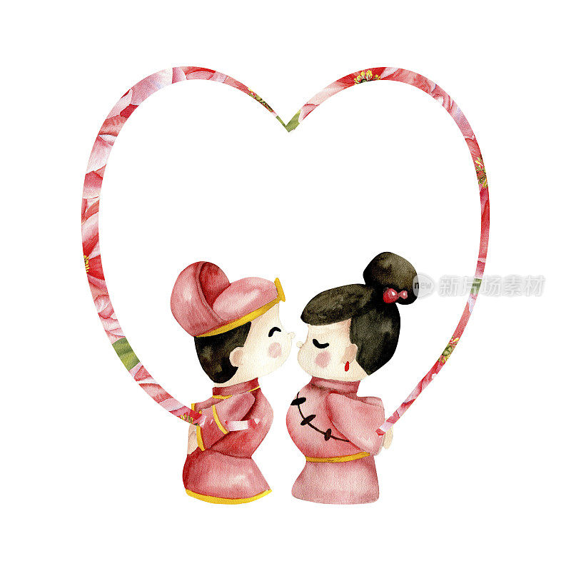 水彩情人节插图。中国，韩国新娘和新郎玩具在红色礼服与花卉心形框架背景。情侣卡、婚礼、请柬的安排设计
