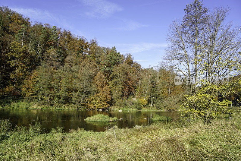 巴伐利亚州雷根斯塔夫附近的雷根河上的河流景观