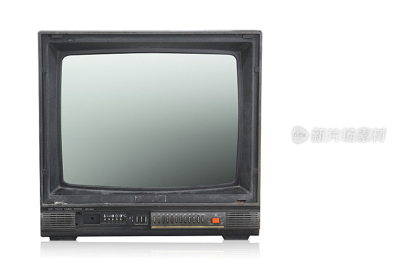 正视图白色背景上的旧黑色电视，技术，对象，装饰，装饰，古代，古董，复制空间