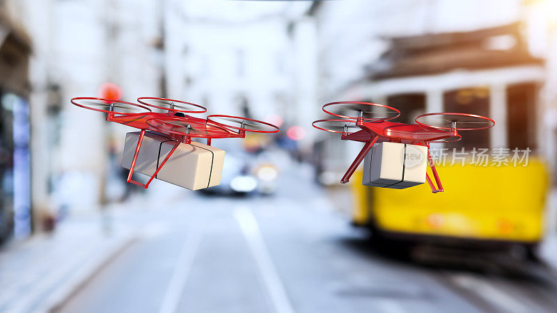 无人驾驶飞机在欧洲的街道上运送快递包裹