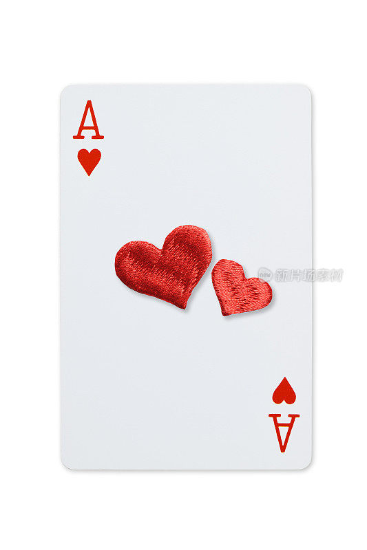 孤立的镜头的红心王牌扑克牌由刺绣在白色的背景。