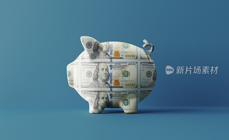 小猪银行纹理与100美元在蓝绿色的背景