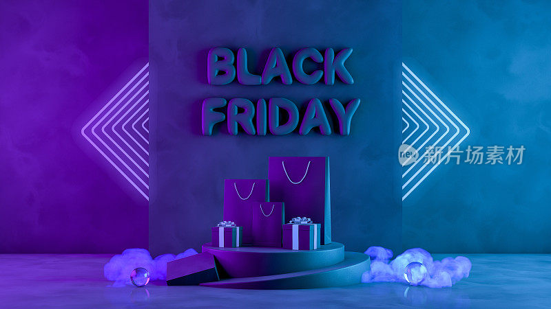 3D黑色星期五概念，礼盒和购物袋霓虹灯和烟雾在黑色垃圾背景
