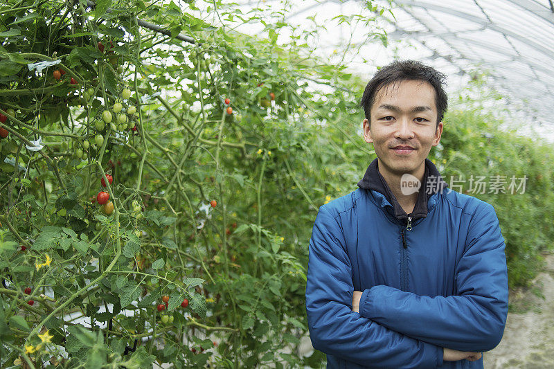 在温室中中年人农民的肖像