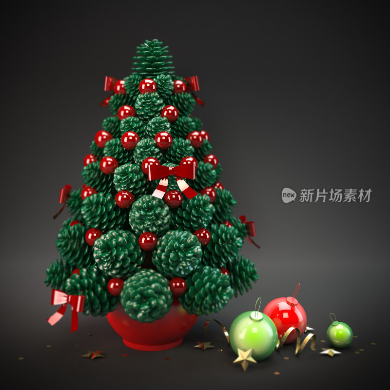 用闪亮的小玩意和红色的蝴蝶结装饰绿色的圣诞树。