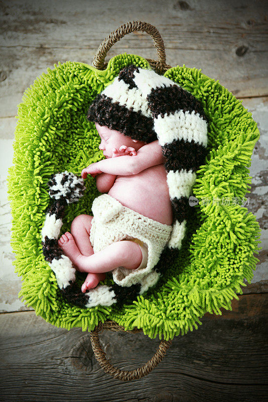 新生儿在篮子里戴着编织精灵帽