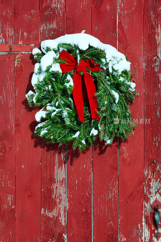 白雪覆盖的圣诞花环在红色的谷仓门上
