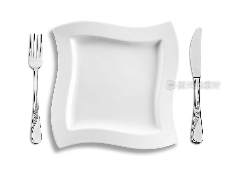 空的方形餐盘和餐具孤立在白色背景上