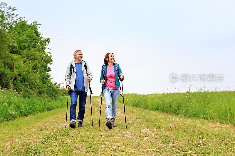 北欧步行-活跃的成熟夫妇享受绿色的自然