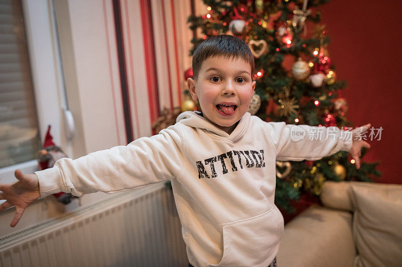男孩站在圣诞树前